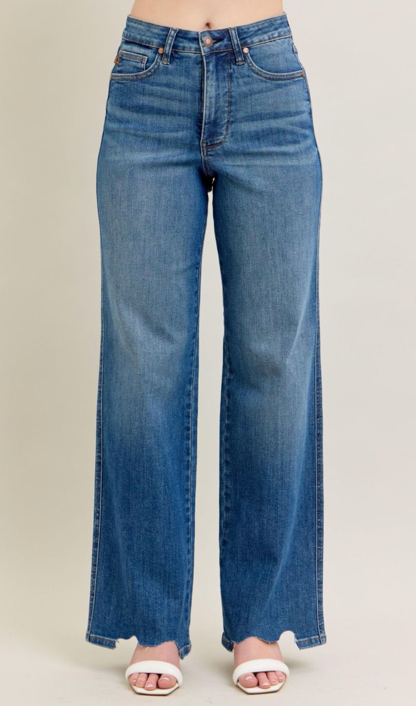 Judy Blue HW Tummy Chew Hem Destroy Wide Leg