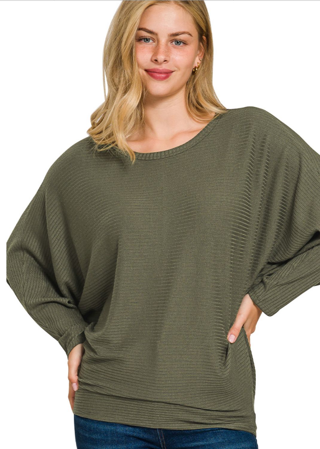 RIBBED BATWING LONG SLEEVE BOAT NECK SWEATER