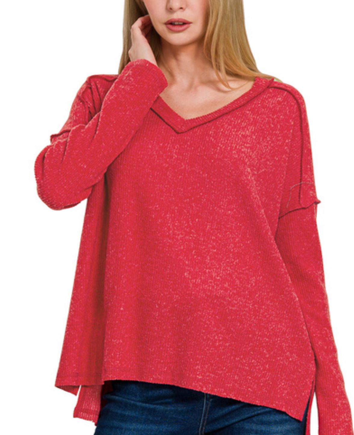 BRUSHED RIBBED HACCI DROP SHOULDER V-NECK SWEATER