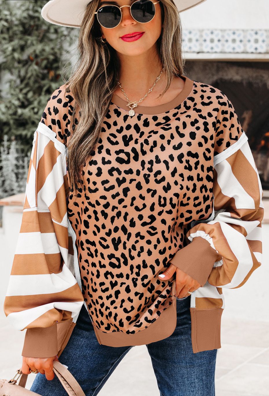 Color Block Patchwork Leopard Casual Sweatshirt