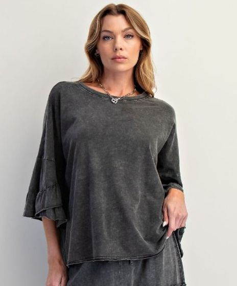 Easel Wing Ruffle Sleeves Washed Cotton Slub Top