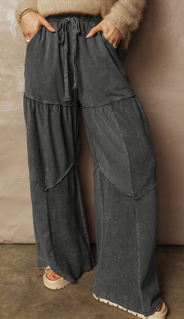 Mineral Wash Tiered Wide Leg Patchwork Drawstring