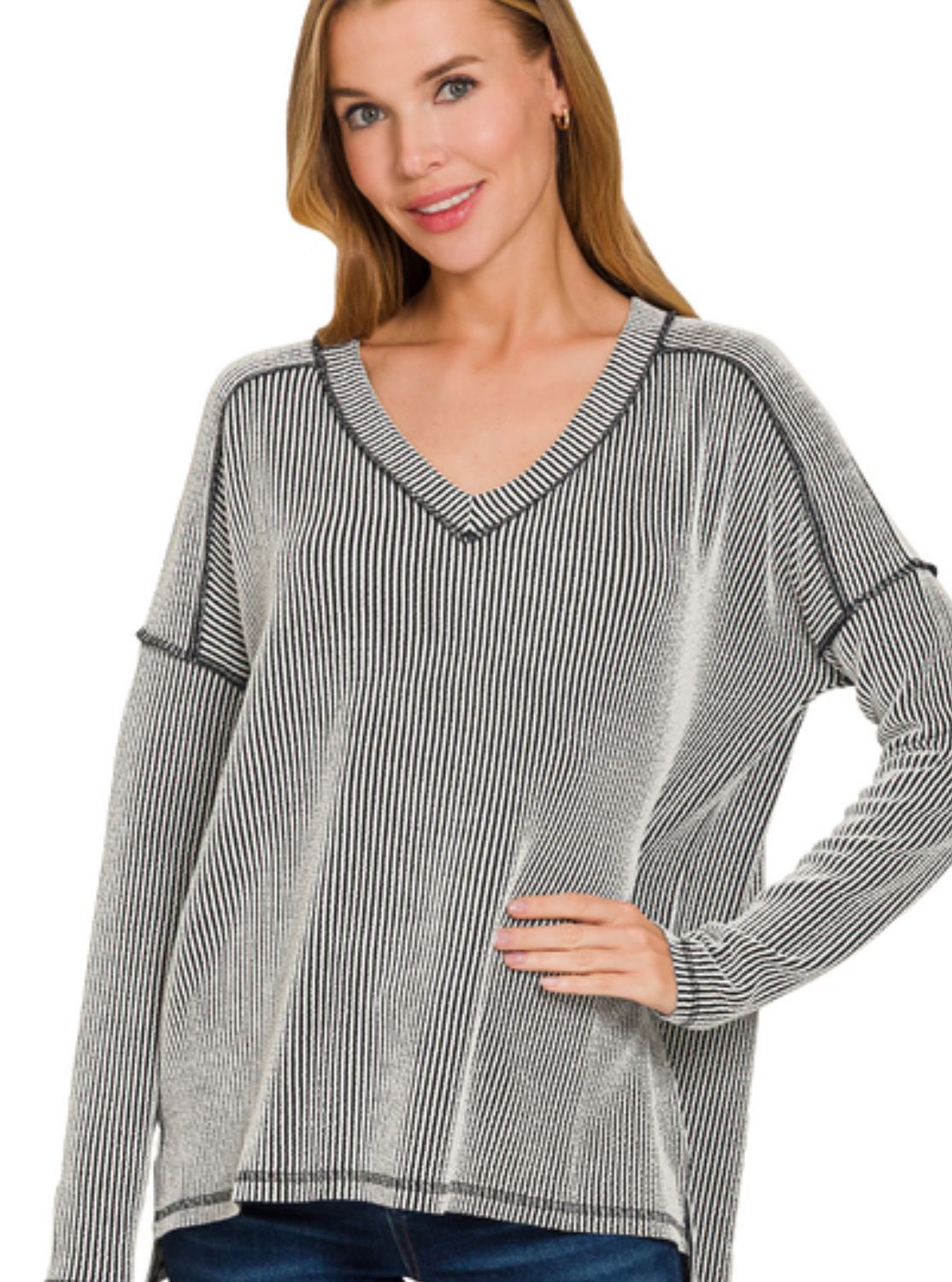 Raised Rib Long Sleeve Hi-Low Neck top