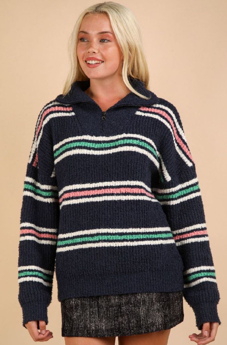 Chenille Striped Drop Shoulder Pullover