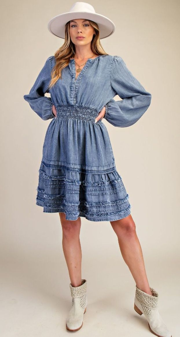Easel FRAY RUFFLE SMOCKED WASHED CHAMBRAY DRESS