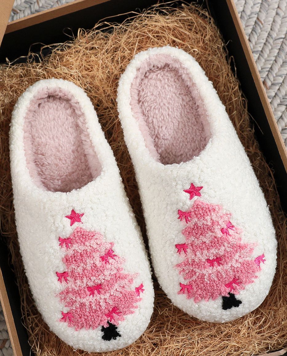 White Plush Christmas Tree Slippers