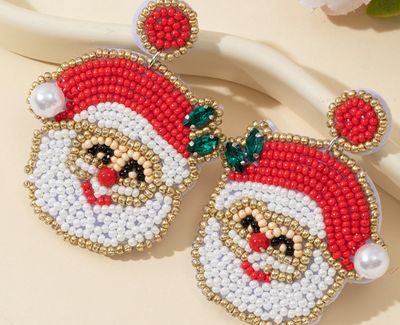 Gold Pearl Gemstone Embellished Beading Santa Claus Earrings