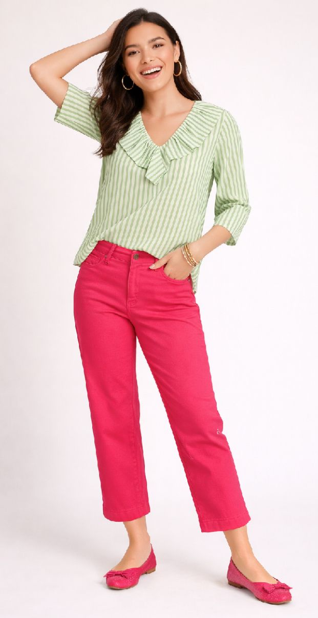 Linen-Like striped ruffle Neck Blouse