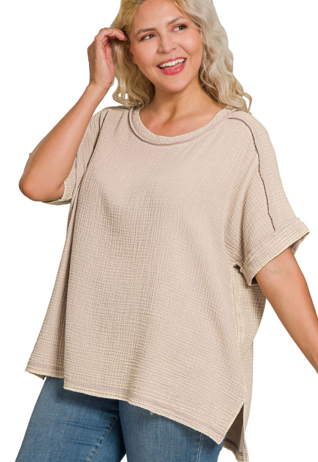 Zenana Plus Acid Washed Double Gauze Round-Neck 