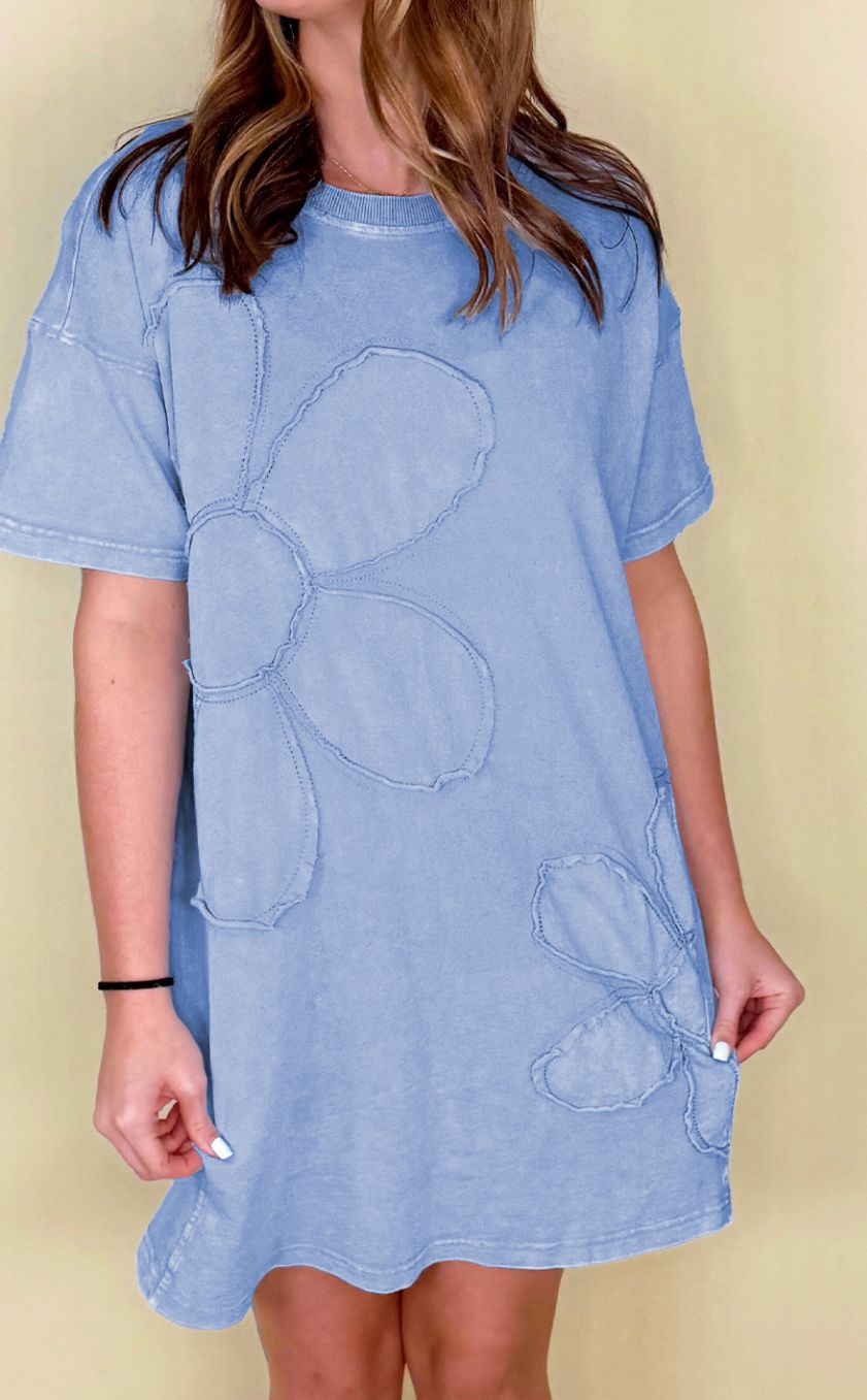 Mineral Wash Flower Patchwork Mini T Shirt Dress