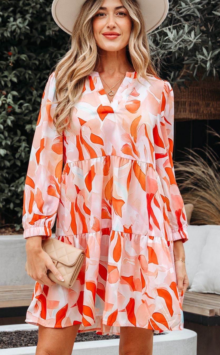 Abstract Print Split Neck Long Sleeve Dress