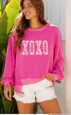 Ribbed L/S  XOXO Bow Print Embroidered Patch top