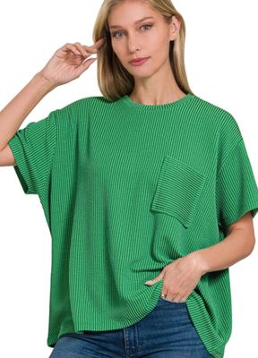 Zenana RAISED RIB SHORT SLEEVE FRONT POCKET TOP