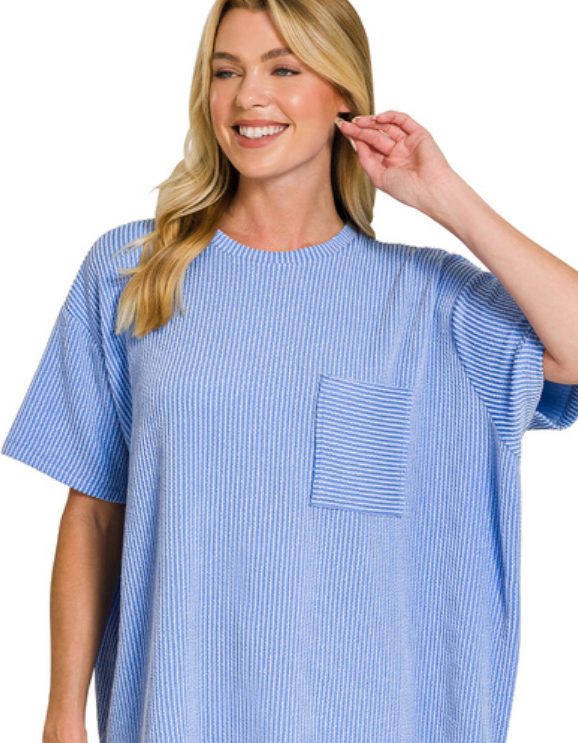 Zenana RAISED RIB SHORT SLEEVE FRONT POCKET TOP