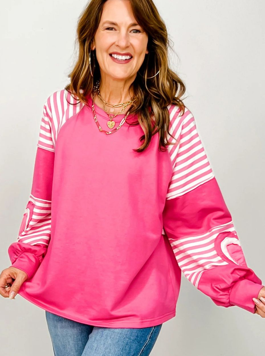 Heart Shape Striped Patchwork Long Sleeve Top