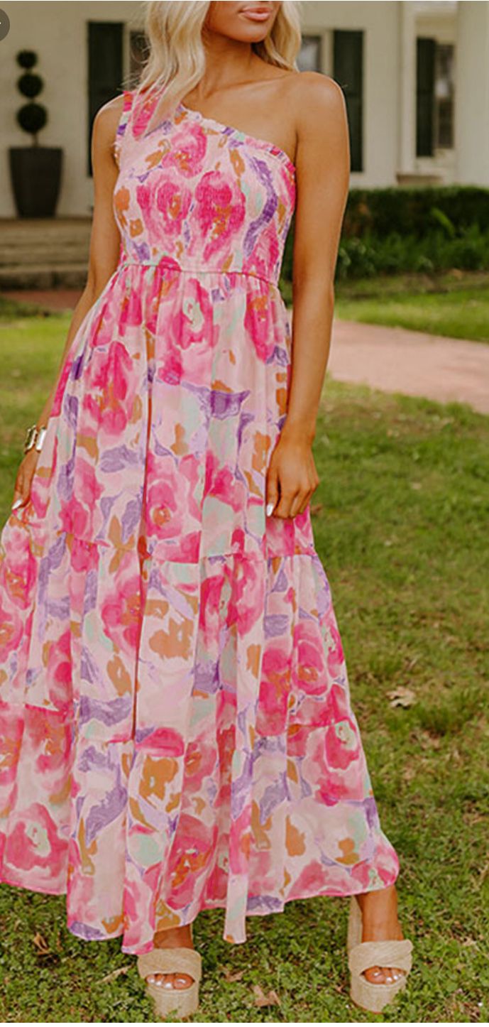 Floral Print Shirred one shoulder maxi dress