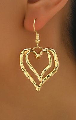 Gold Double Heart Shape Dangle Earrings