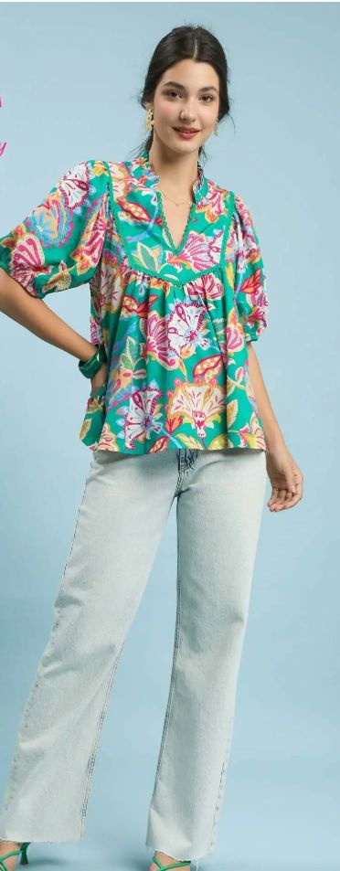 Umgee Paisley Jacquard Ruffle Neck Top