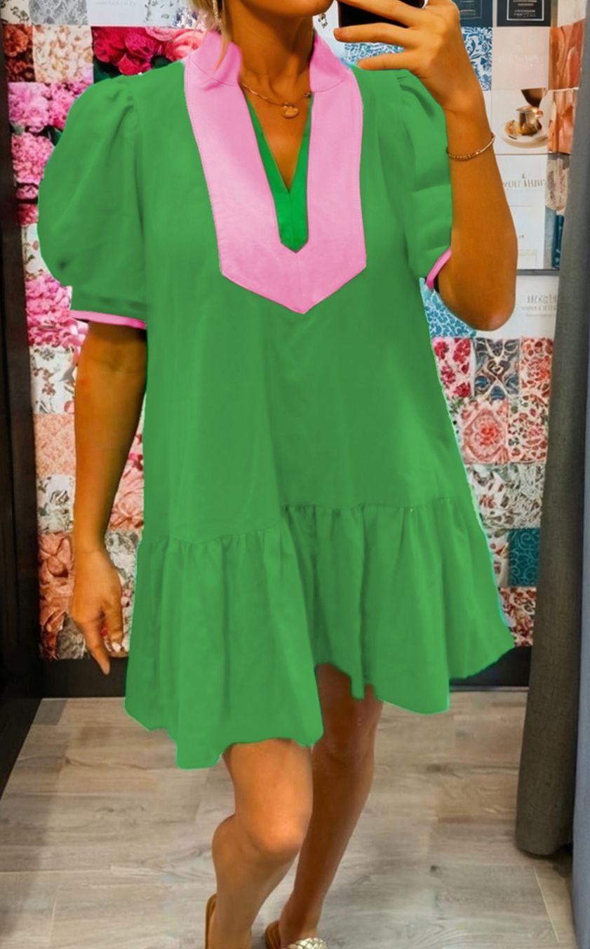 Color Block Detail Split Neck Short Sleeve Dress