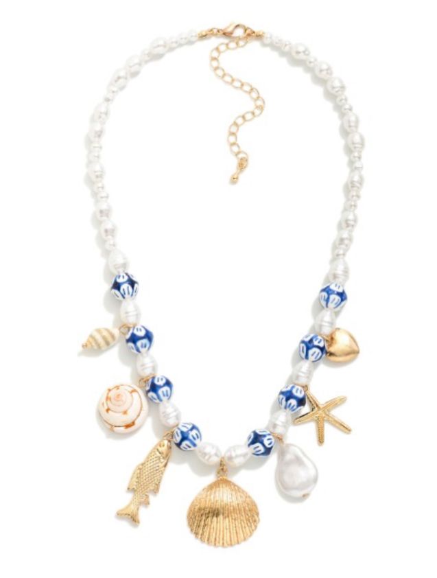 Pearl Beaded Charm Necklace w/shell charms