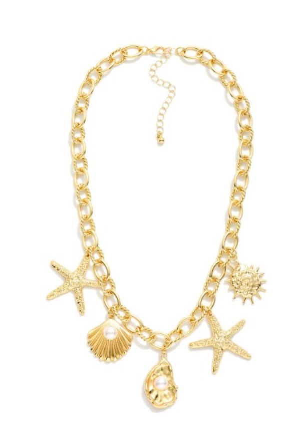 Chain link charm necklace w/pearl beach charms