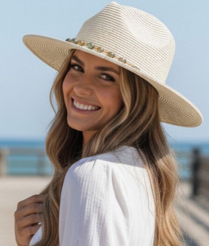 Straw Fedora w/turquoise stone band