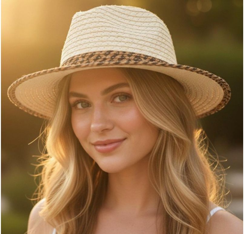 Straw Fedora w/two tone woven band &amp; trim