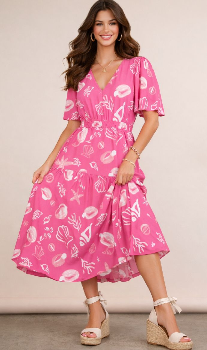 Coastal Motif Print S/S V-neck midi dress