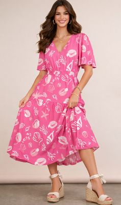 Coastal Motif Print S/S V-neck midi dress