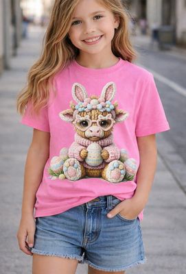 Easter  Chunky Crochet Highland Cow youth s/s tee