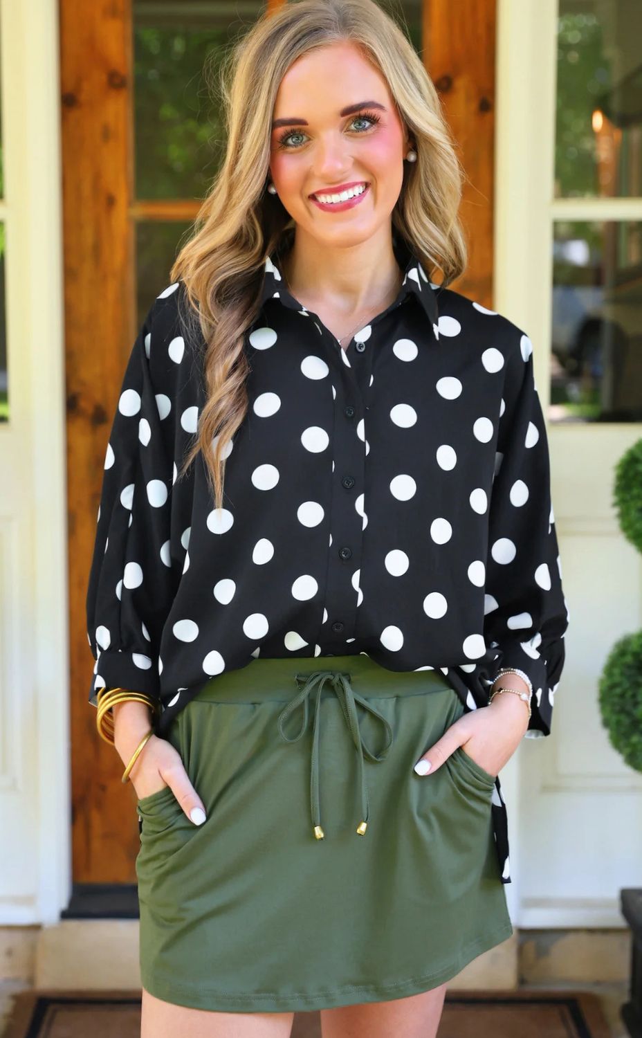 Sloane Button Up Top-After Dark polka dot