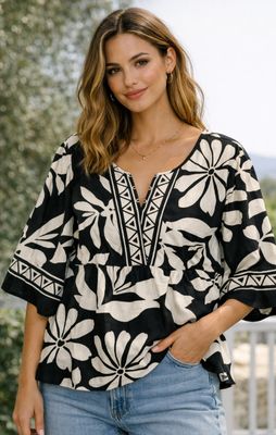 Linique Floral V-Notch Blouse