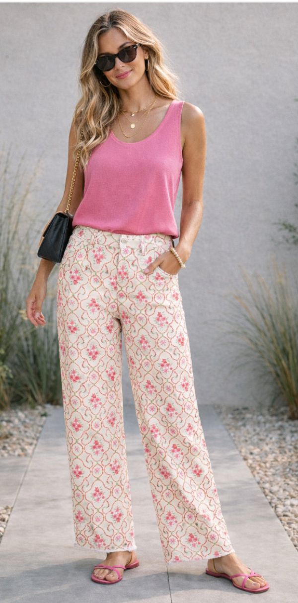 Trellis Floral Fray Hem 31” Wide Leg Pants