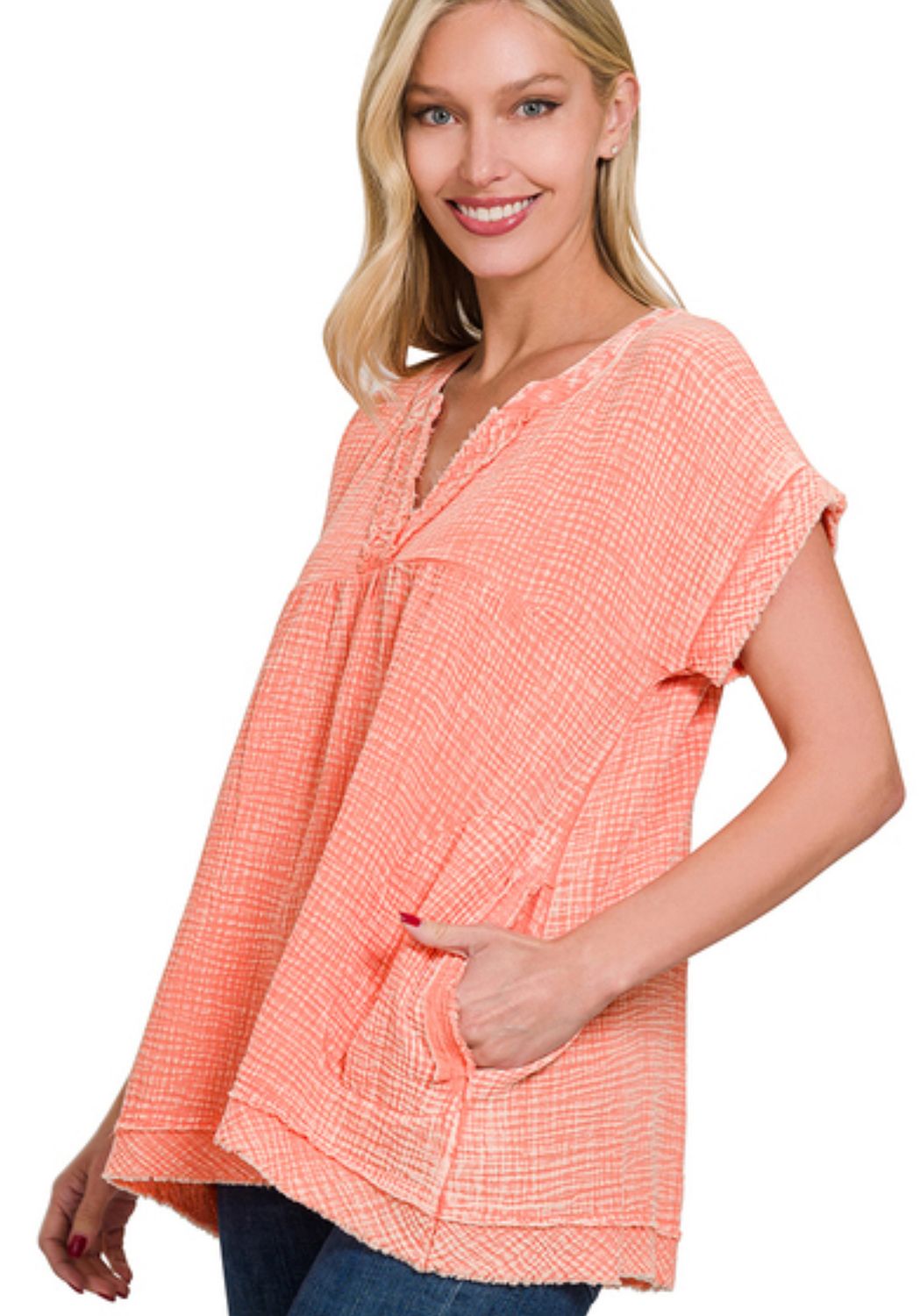 Zenana Washed Double gauze raw edge shirt