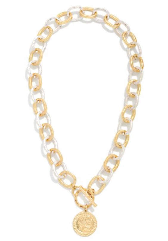 Hammered Metal Chain Link Necklace w/coin &amp; toggle
