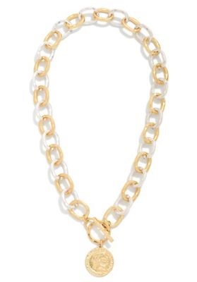 Hammered Metal Chain Link Necklace w/coin &amp; toggle