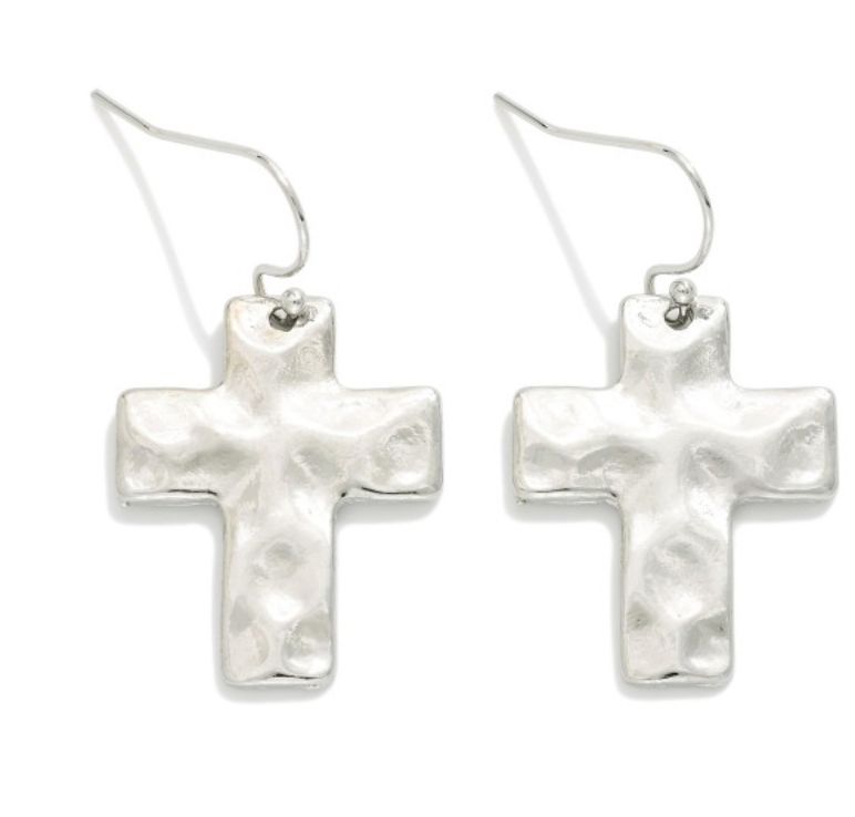 Hammered Metal Cross Drop Earrings