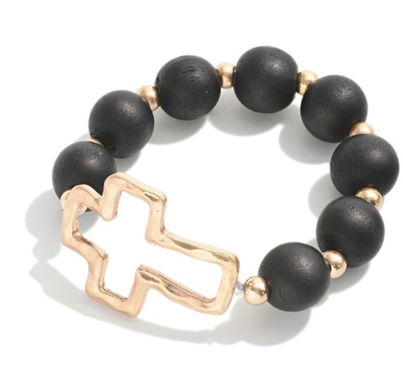 Hammered Cross Stetch Wood Beaded Bracelet