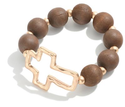 Hammered Cross Stetch Wood Beaded Bracelet