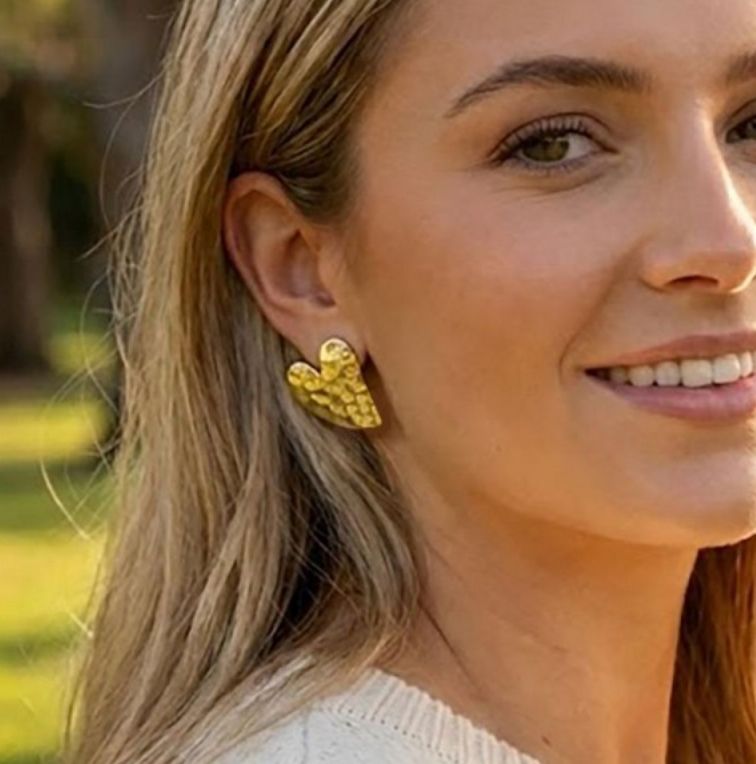 Hammered Metal heart post drop earrings