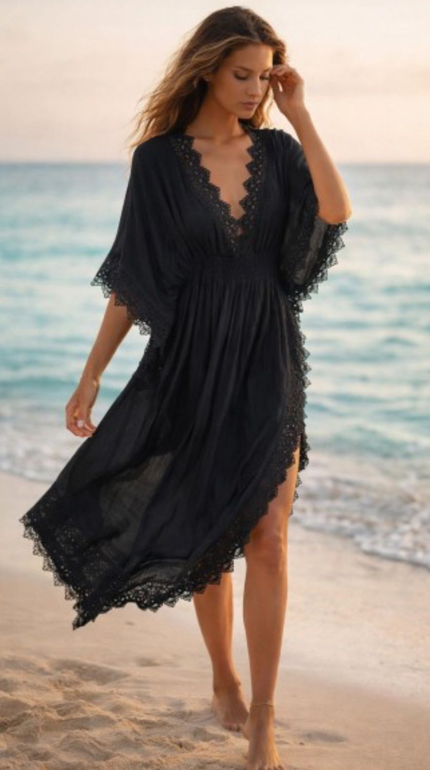 Sheer Swimsuit Coverup w/scalloped lace edges