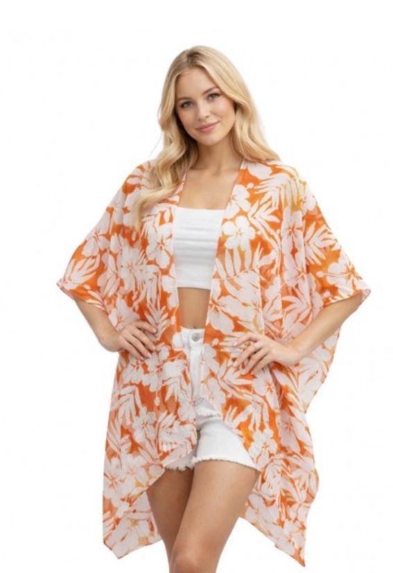 Hibiscus &amp; Palm Leaf Print Kimono