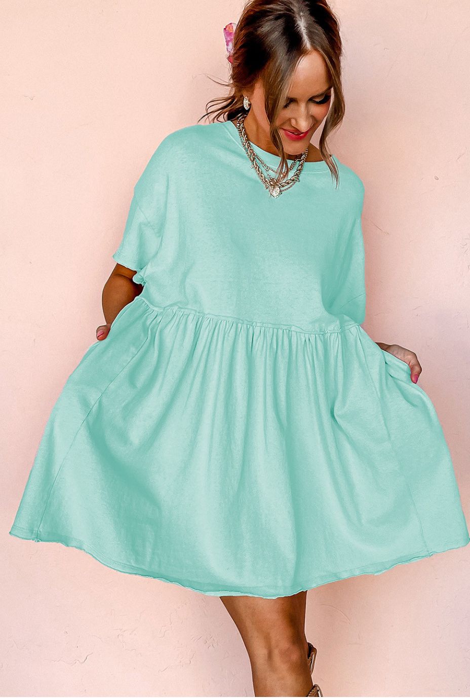 Pocketed Raw Edge Babydoll Dress