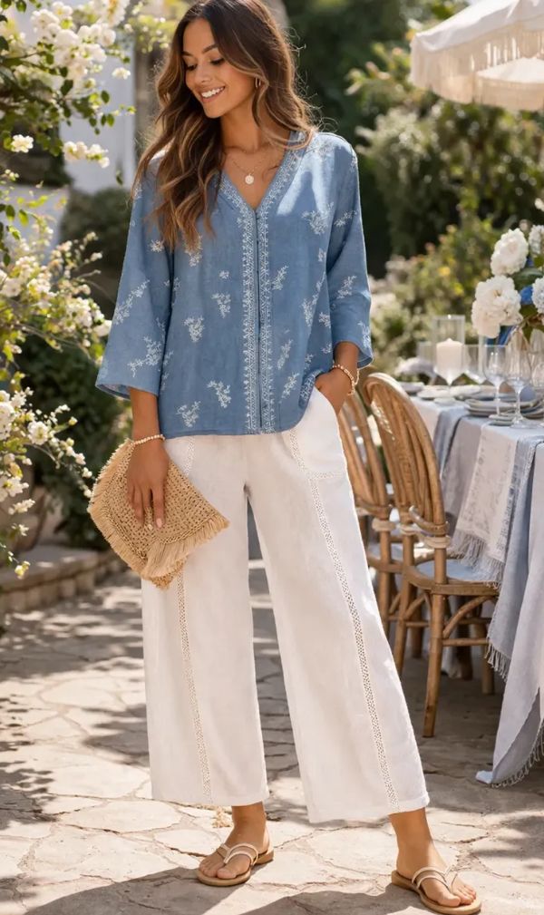 TENCEL EMBROIDERED BUTTON FRONT TOP