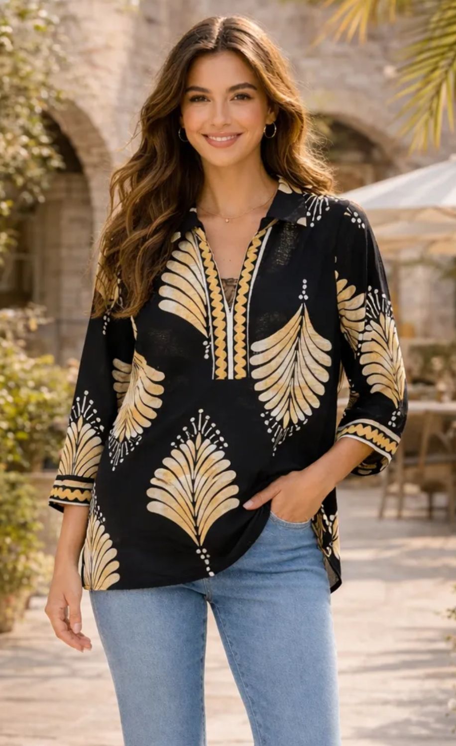 Challis Motif Johnny Collar Blouse