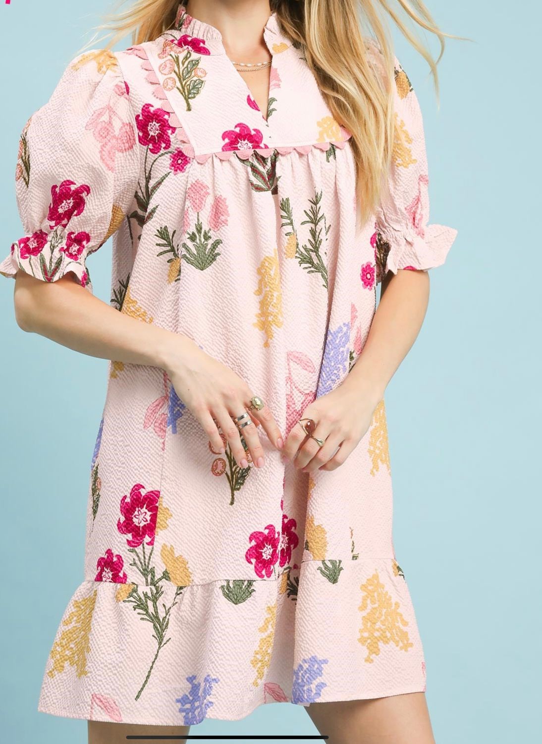 Umgee Multi Flower Print Vneck Dress