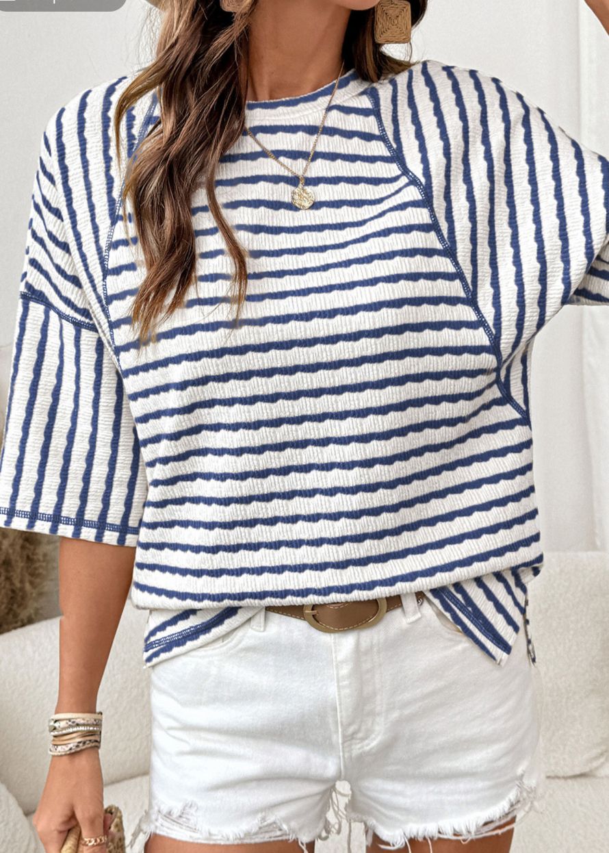 Textured Knit Split Hem Half Sleeve loose Top
