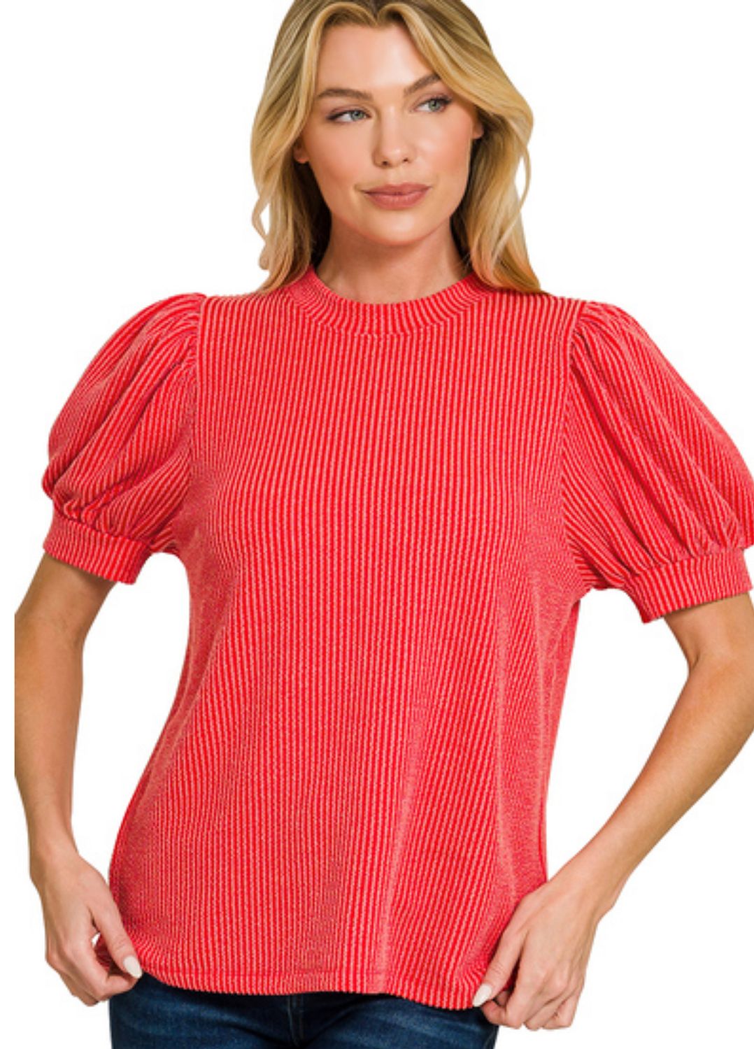 ZENANA RAISED RIB PUFF SLEEVE TOP