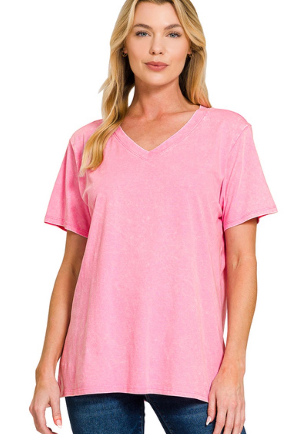 ZENANA WASHED SHORT SLEEVE V-NECK TOP