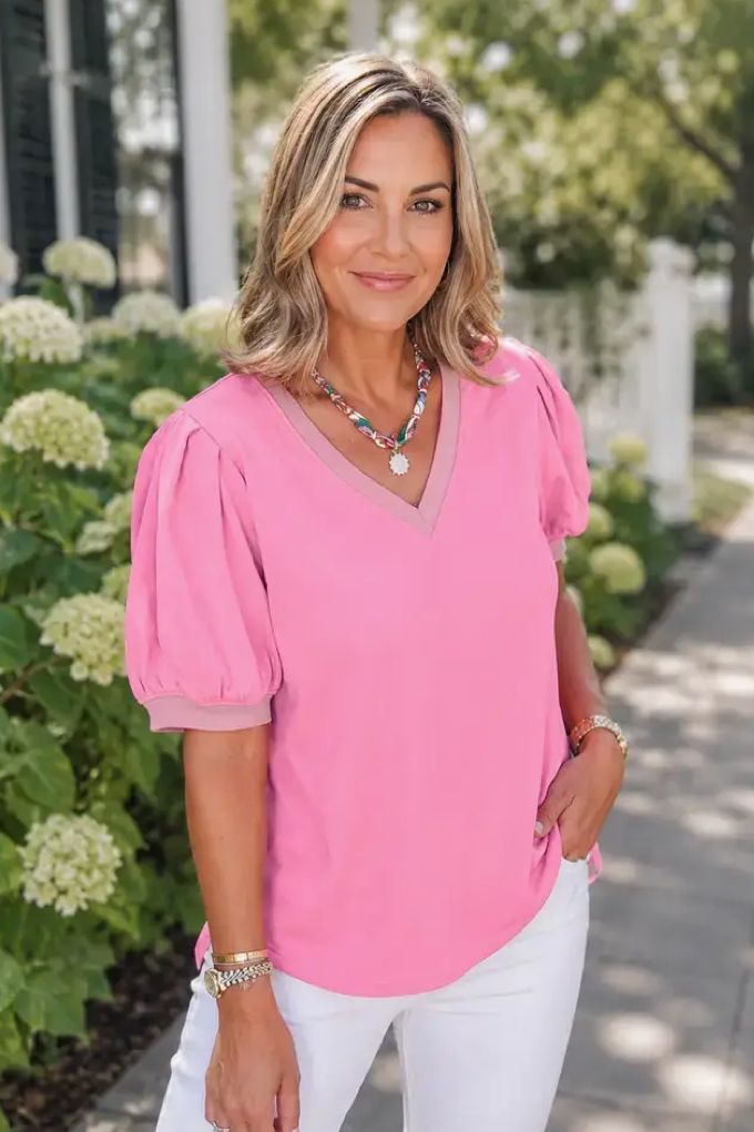 Solid V-Neck Puff Sleeve Tee